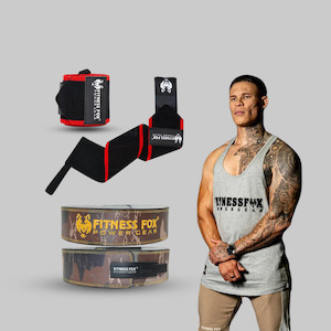 Mens Bundles: 10mm Camo Lever Belt+ Heavy Black/Red Wrist Wrap + Singlet Bundles