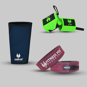 Fitness Accessories Bundle: 13mm Lever Belt+ Olive Green  Wrist Wrap+ NavyBlue Knee Sleeves