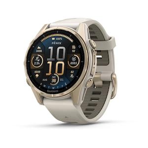 Sporting equipment: fenix 8 – 43 mm, AMOLED Sapphire, Soft Gold with Fog Grey/Dark Sandstone Silicone Band