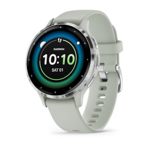 Garmin Venu 3S, Silver Stainless Steel Bezel with Sage Grey Case and Silicone Band