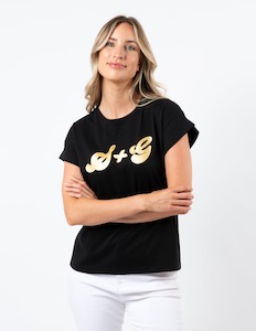 Stella + Gemma | Cuff Sleeve T-Shirt | Black with Gold S+G Logo