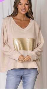 Clothing: Minimalist Collective| V neck Sequin Sweater | Taupe