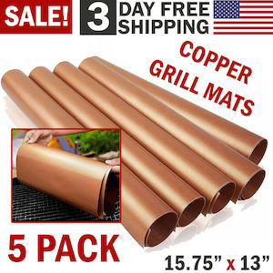 5pc Copper Grill Mats Baking Non Stick BBQ Mat Pad Bake Cooking Oven Sheet Liner