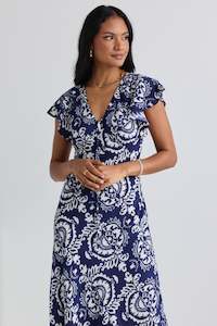 Clothing: Ovation Navy Tile Print Flutter Ss Keyhole Tie Midi Dress