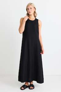 Clothing: Easygoing Black Linen Blend Sleeveless Crew Neck Midi Dress