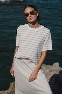 Clothing: Binding White Natural Stripe Boxy Fit Tee