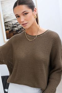 Clothing: Dawn Soft Khaki Crochet Knit Jumper