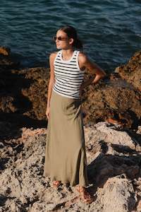 Clothing: Lagos Soft Khaki Floaty Bias Cut Maxi Skirt