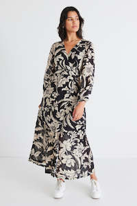 Clothing: Ocean Black Cream Floral LS Wrap Dress