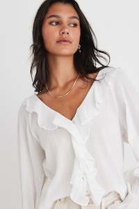 Clothing: Euphoria Ivory Cotton Crinkle LS Neck Frill Button Blouse