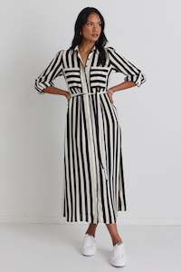 Clothing: Cyprus Black and White Stripe LS Shirt Midi Dress