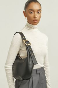 Clothing: Everyday Croissant Black  Gold Buckle Recycled PU Shoulder Bag