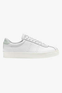 Clothing: 2854 White Ice Blue Trim Comfort Platform Leather Sneaker