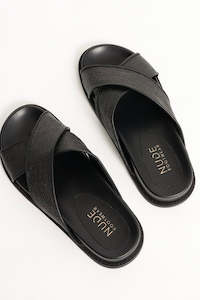 Clothing: Jacee Black Woven Cross Over Slide