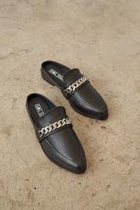 Clothing: Tuesday Silver Chain Black Leather Slide