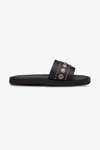 Clothing: Cleo Black Leather Slide with Gold Charms