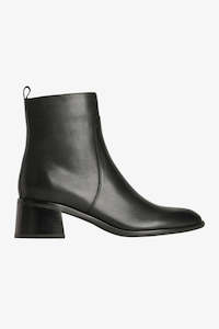 Clothing: Wyona Black Ankle Mid Heel Leather Boot