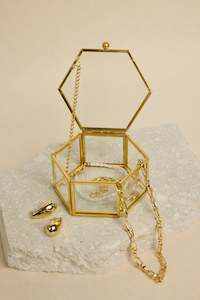 Glass with Gold Trim Large Hexagonal Jewellery Boxes