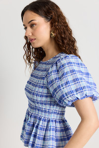 Beholden Blue Check Shirred Short Sleeve Top