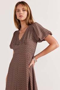 Clothing: Memoir Brown Geometric Print Puff Sleeve Midi Dress