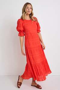 Clothing: Gratitude Blood Orange Bubble SS Tiered Maxi Dress