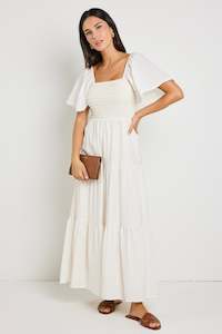 Falcon Natural Flutter Sleeve Shirred Tiered Midi Dress