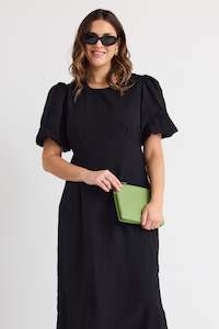 Elder Black Short Puff Sleeve Tie Midi Dress