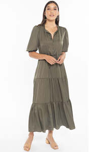 Curious Khaki Puff Short Sleeve Tiered Satin Midi Dress