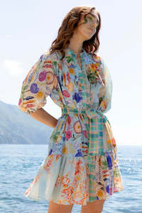 Clothing: Nella Blue Multi Print SS Front Button Mini Dress