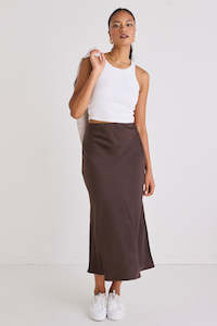 Serpentine Espresso Satin Side Split Bias Midi Skirt