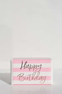 Happy Birthday Pink White Stripe Gold Script Soap