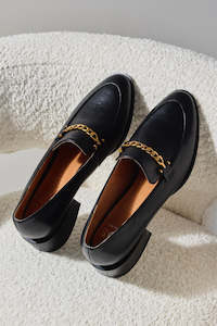 Clothing: Castella Black Leather Gold Chain Loafer