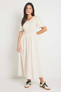 Clothing: Wren Natural SS Shirred Bodice Midi Dress