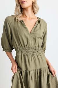 Clothing: Retreat Soft Khaki Linen Blend SS Tiered Maxi Dress