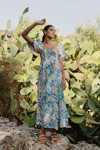 Clothing: Raven Blue Orange Tropical Puff Sleeve Tiered Maxi Dress