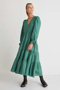 Clothing: Compelling Fern Green Linen Ls Button Front Tiered Maxi Dress