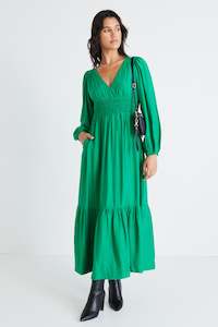 Spark Palm Green Textured LS Deep V Midi Dress