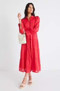 Clothing: Adair Cherry Linen Blend Tiered Shirt Style Maxi Dress