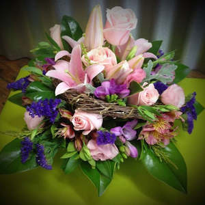 Florist: Round Posy Bowl Arrangement in Soft Colours.