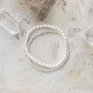 Jewellery: Natural Freshwater Pearl + Sterling Silver Bead Bracelet Set