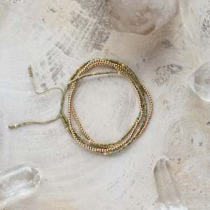 Natural Stone Jewellery: Bracelet Set | Green Seed Beads + Mini Gold Beads