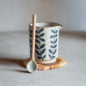 Food Prep Utensils: Vine Creamer Set (includes ceramic spoon + teak coaster)