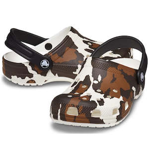 Shoe: Crocs Kids - Youths Classic Clog K Cow Print White Sandals