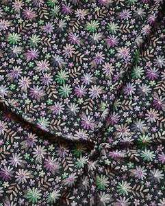 Prints Cotton Spandex: Purple Embroided Flower on Black  - Cotton Spandex - 200g