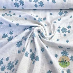 Woven: White with Teal Daisy- Double Gauze