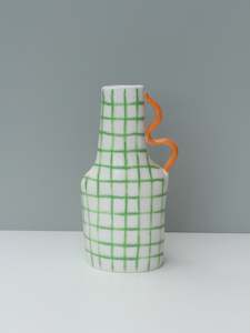 Green Grid Vessel with Orange Handle