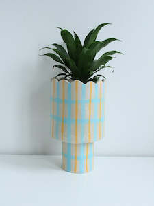 Scalloped Pedestal Planter in Blue and Mustard