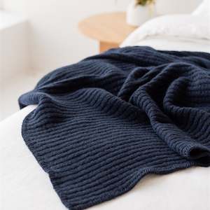 Navy Ribbed Wool Throw Blanket