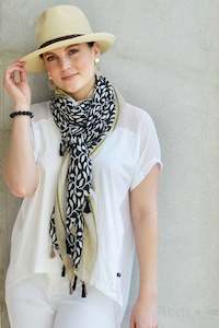 TASSELLED LEAF PRINT WITH BORDER SCARF - BLACK/CREAM/TAUPE