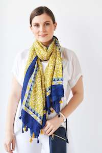 TASSELLED FLORAL WITH GEOMETRIC BORDER SCARF - MUSTARD/NAVY